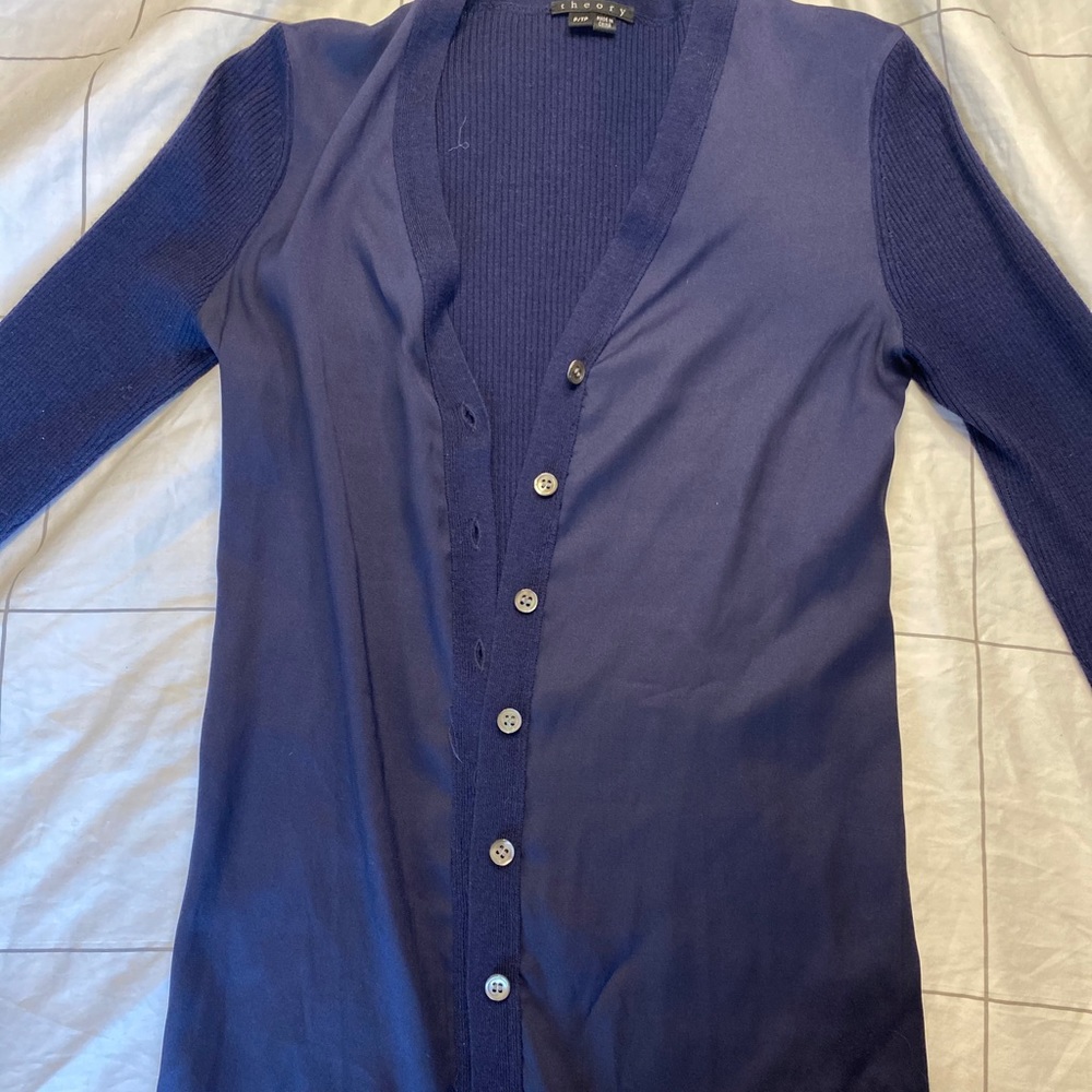 THEORY Navy Silk Cardigan XS PETITE